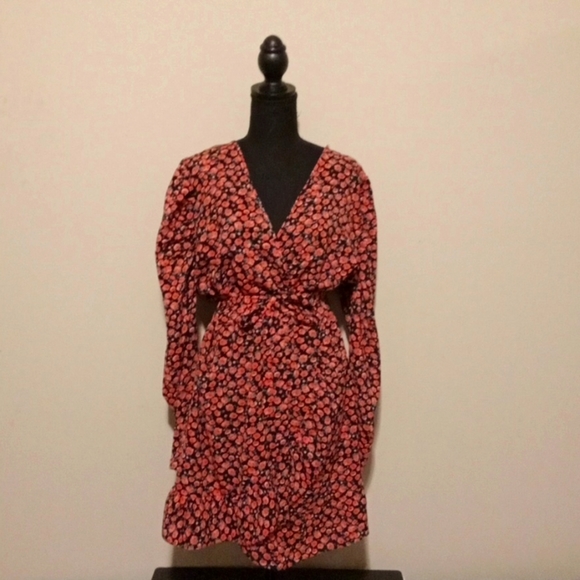 Missguided Long Puff Sleeve Rose Print Faux Wrap Dress Size 14 - Picture 2 of 5
